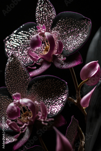 Black and pink orchid. Abstract dark floral design for prints, postcards or wallpaper. AI 
