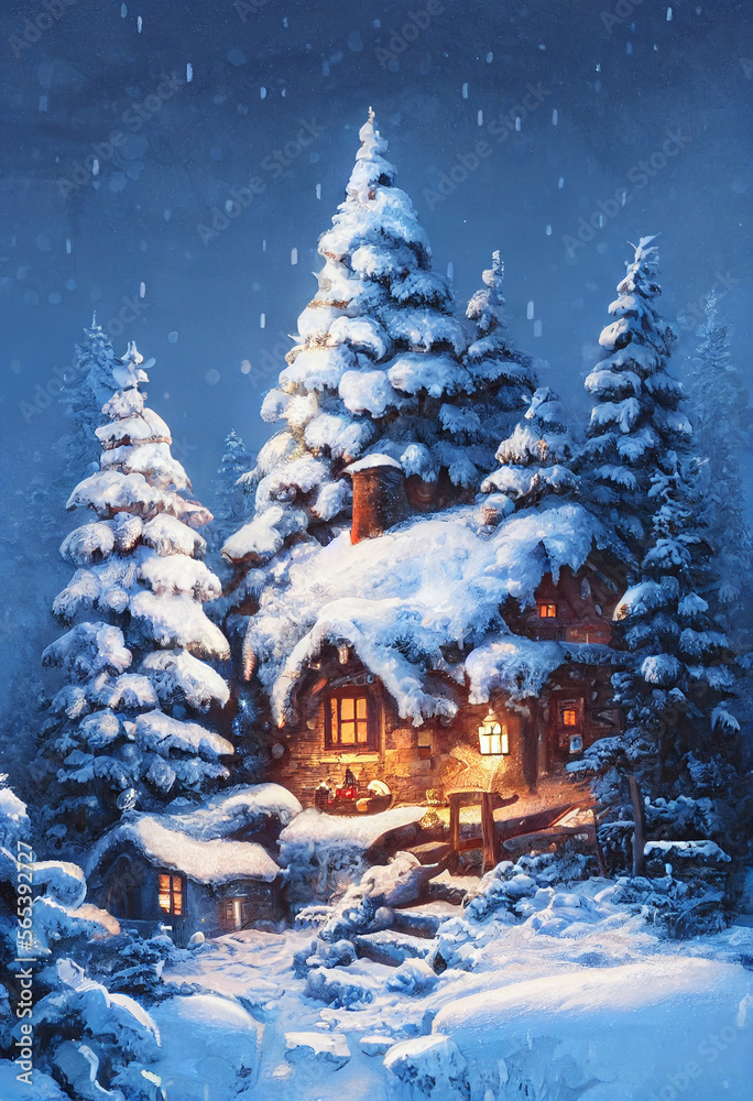 Naklejka premium Christmas a small cottage on top illustration Generative AI Content by Midjourney