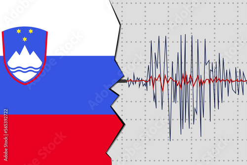 Earthquake in Slovenia, natural disasters news banner idea, seismic wave with flag