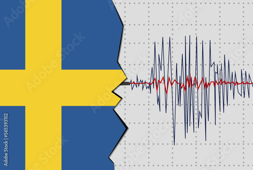 Earthquake in Sweden, natural disasters news banner idea, seismic wave with flag