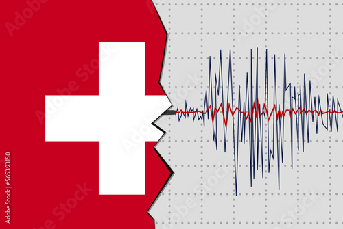 Earthquake in Switzerland, natural disasters news banner idea, seismic wave with flag