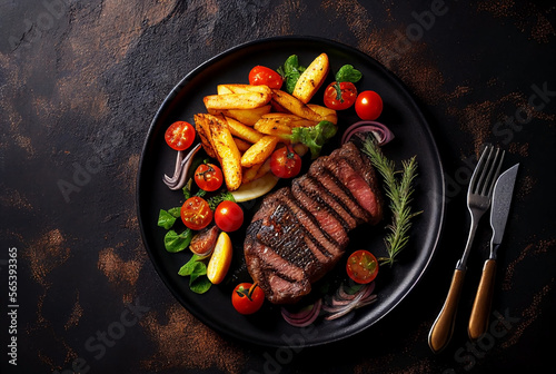 Grilled sirloin steak with fried potato and vegetable on black plate. Generative AI.
