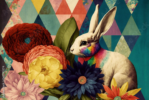 Easter bunny with easter eggs, created with Generative AI.