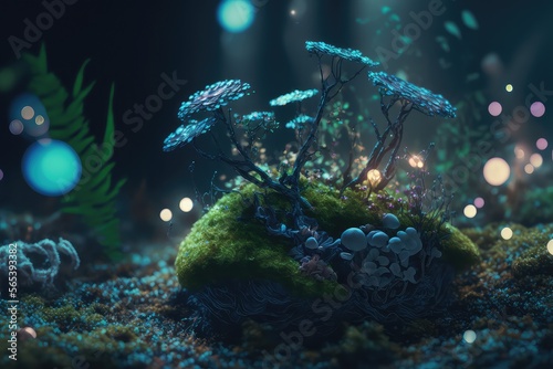 Magic forest fantasy flower nature background mystic glow light landscape Generative AI Illustration