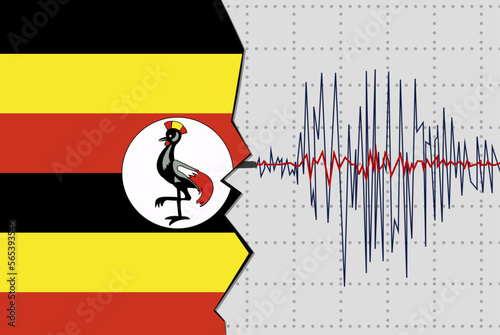 Earthquake in Uganda, natural disasters news banner idea, seismic wave with flag