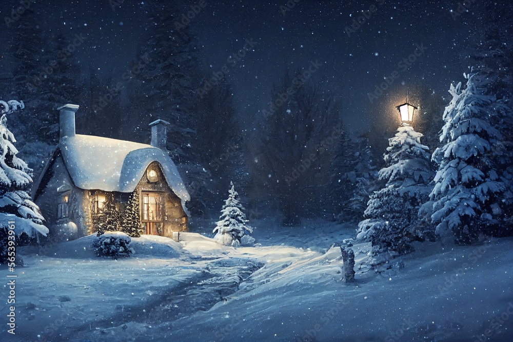 Christmas a small cottage on top illustration Generative AI Content by Midjourney