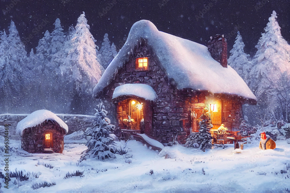 Naklejka premium Christmas a small cottage on top illustration Generative AI Content by Midjourney