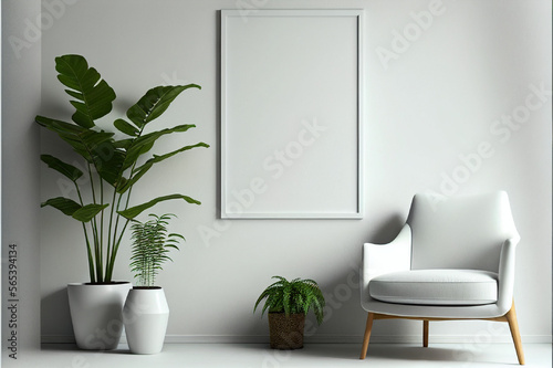 White photo frame mockup in the living room  interior design  minimalist  modern