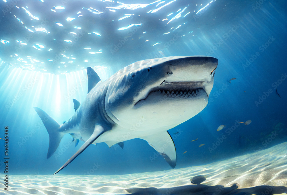 Fototapeta premium Great shark close up view. Generative Ai Art. Underwater scene with sunlights.