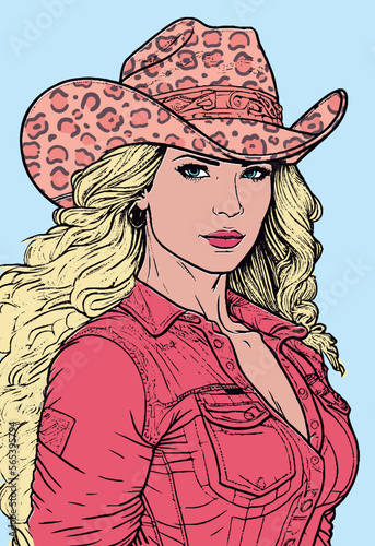 Cowgirl with pink jaguar hat. Comic cartoon style, pop art photo