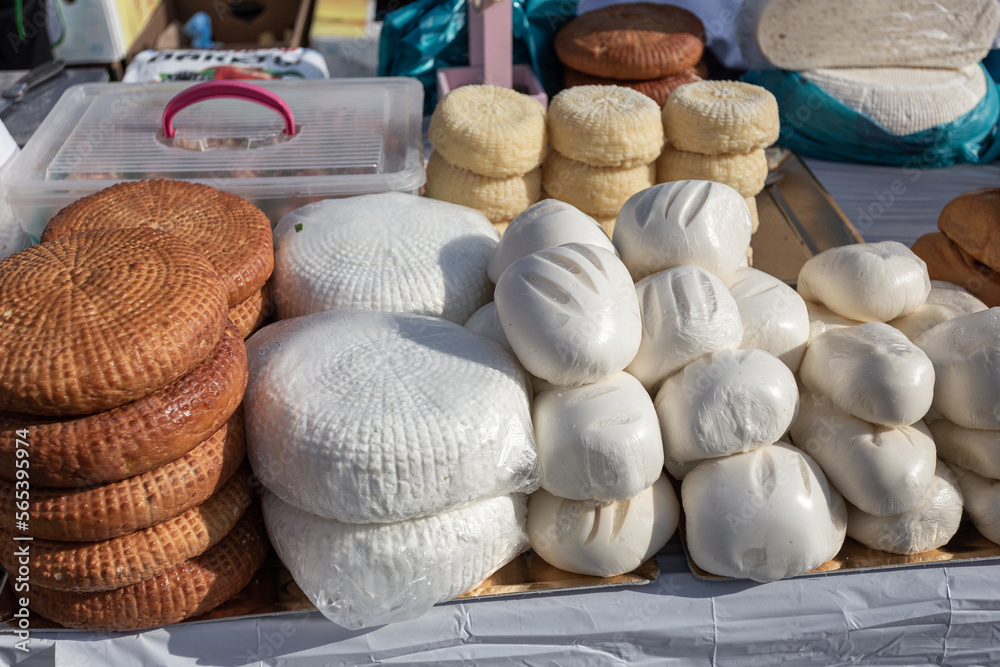 Maykop, Republic of Adygea, Russian Federation, 08.27.2022 : Festival of Adygea cheese, a product of natural preparation according to ancient recipes...