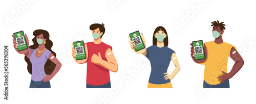 Covid pass. Vaccination QR code certificate. Check medical document. Immune group with mobile passports. Woman or man holding phones. Vaccinated people set. Vector illustration concept
