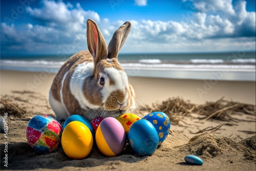 Easter Bunny with Easter eggs on the beach.Generative AI