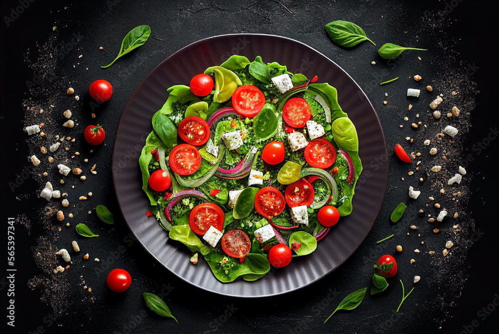 ingredients such as tomatoes, cucumbers, red onion, Kalamata olives, feta cheese, and a simple vinaigrette dressing. ingredients such as tomatoes, cucumbers, red onion, Kalamata olives, feta cheese, and a simple vinaigrette dressing.