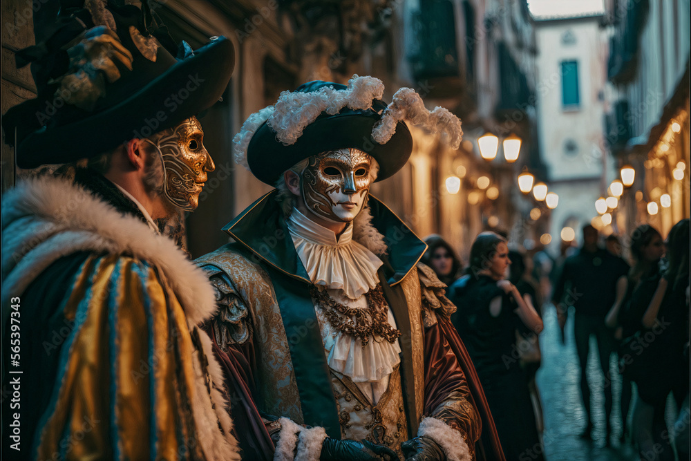illustration of a venetian carnival scene while people are wearing costumes