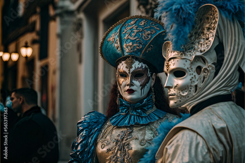illustration of a venetian carnival scene while people are wearing costumes