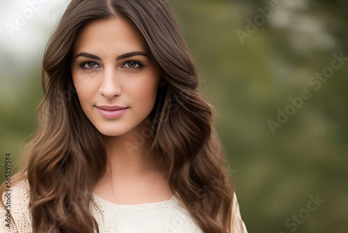 Female face beauty woman long hair fly natural make up. Beauty model girl with curly hairstyle outside. Fashion, cosmetics and makeup. Generative AI