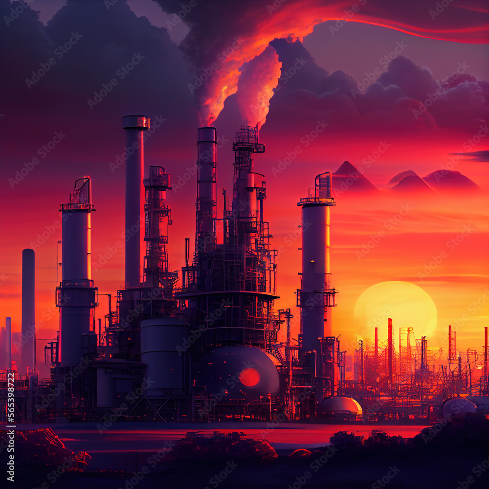 An oil refinery in the sunset. Generative Ai