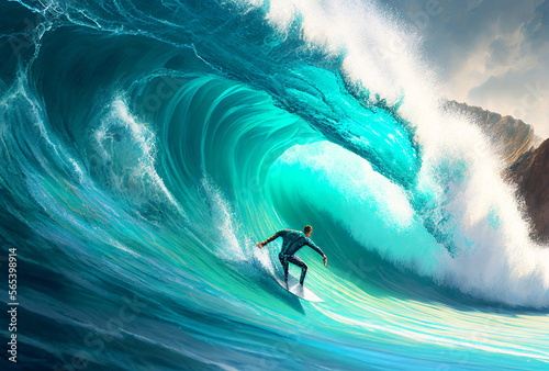 Surfer riding on a huge wave. Hawaii. Pacific ocean. Generative Ai Art. Extreem sport. © Sci-Fi Agent