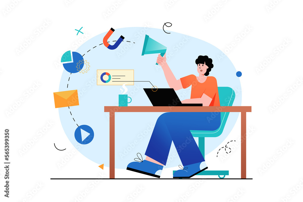 Marketing concept with people scene in the flat cartoon design. Marketer promotes and popularizes products and services using social network. Marketing concept with people scene in the flat cartoon design. Marketer promotes and popularizes products and services using social network.