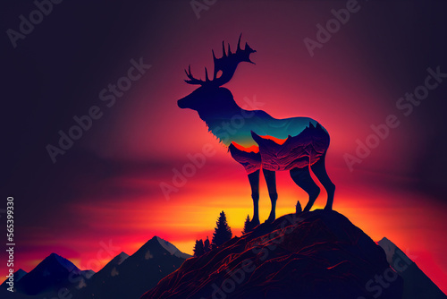 silhouette of a deer on mountain at sunset. Generative Ai