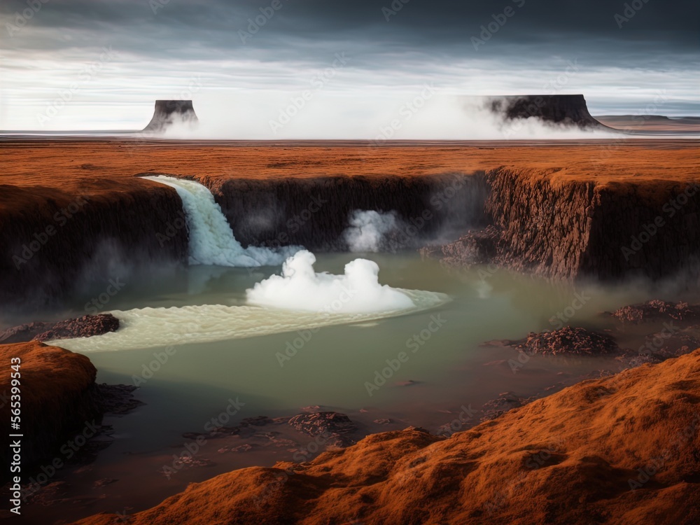  A mysterious barren landscape with hot springs and waterfalls.