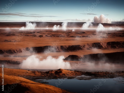  A mysterious barren landscape with hot springs and waterfalls.