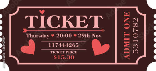 Admit One Valentine Vintage ticket isolated Retro