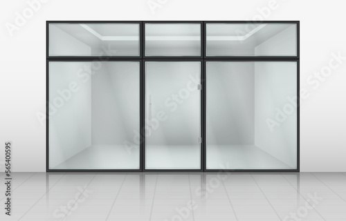 Glass shop doors. Store front with window frame. Realistic office exterior or retail showcase. View of mall wall. Storefront facade. Empty boutique forepart. Vector 3D neoteric design
