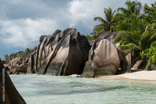 The fascinating rock formations on the beach of the Seychelles.