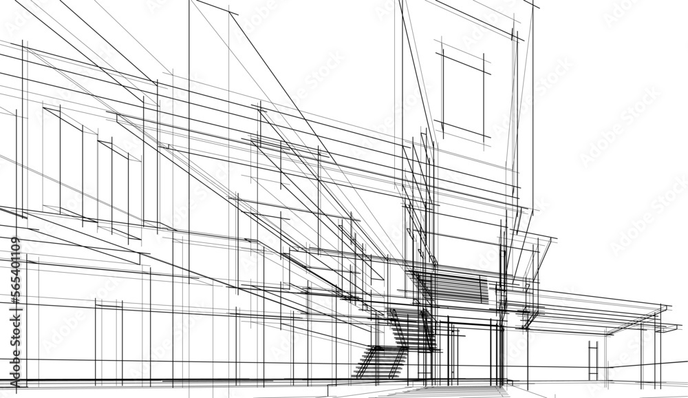 Architectural sketch of a building 3d illustration