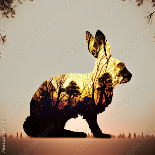 silhouette double exposure rabbit over trees Generative AI photo