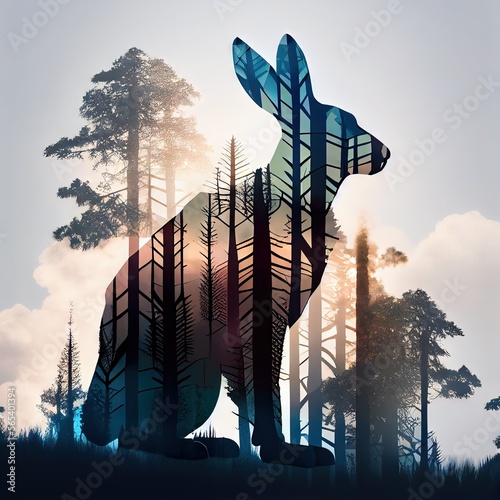 silhouette double exposure rabbit over trees Generative AI photo