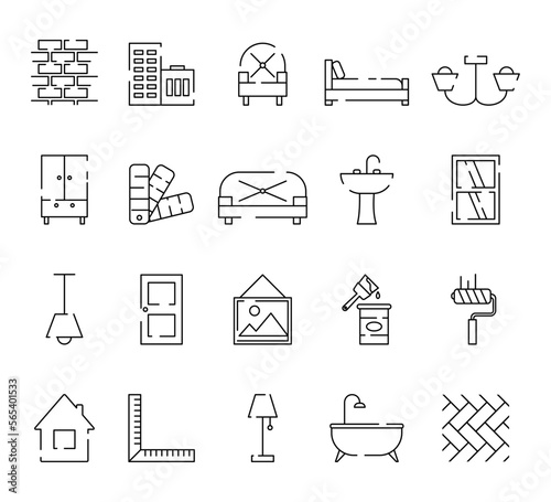 Home repair symbols. Interior decor icons. Parquet floor. Brickwork wall. House carpet. Wood door. Bath room furniture. Window blind and drapery. Vector stroke garish lines pictograms set