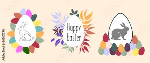 Happy Easter Set of banners, greeting cards, posters, holiday covers. Trendy design with typography, hand-painted plants, dots, eggs and a rabbit in pastel colors. Minimalist contemporary art style.