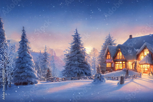 Beautiful winter house and christmas tree on the mountain Generative AI Content by Midjourney