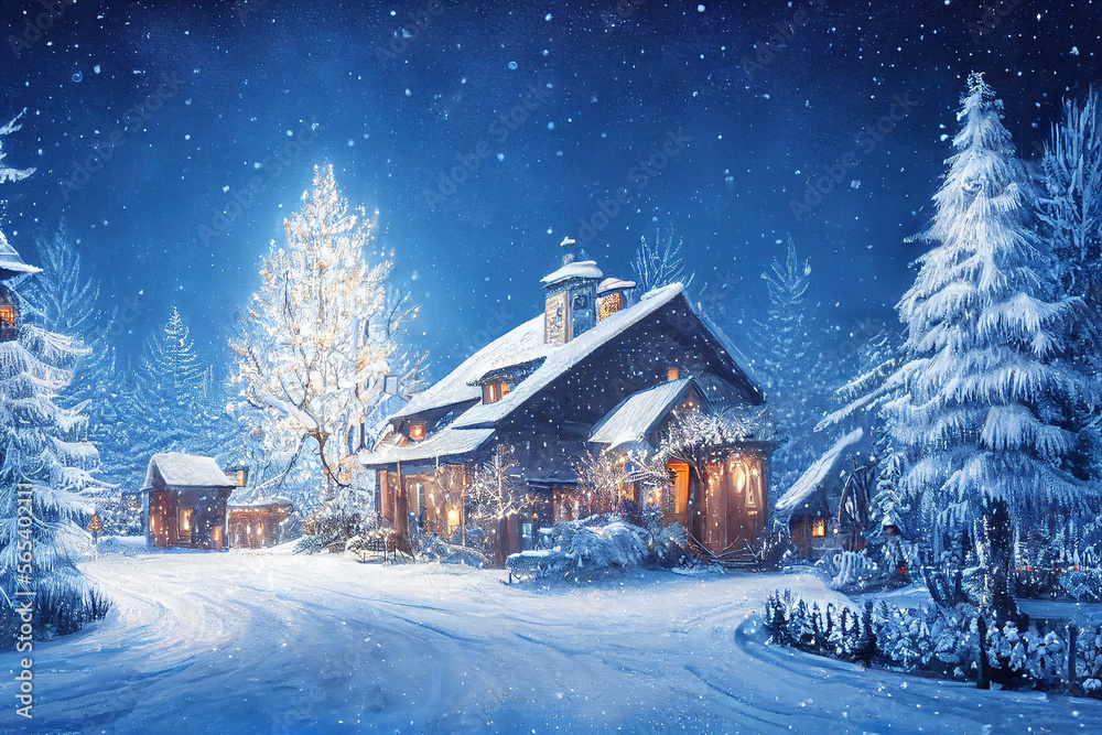 Beautiful winter house and christmas tree on the mountain Generative AI Content by Midjourney