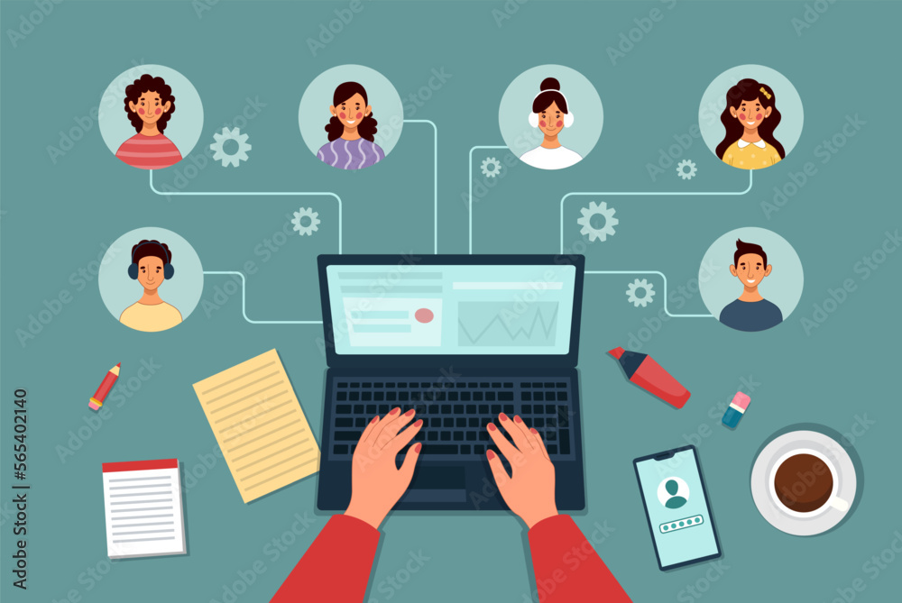 Remote work. Virtual online network. People team zoom communication. Computer chatting together. Telecommuting technology. Woman working at laptop. Desk top view. Vector tidy concept