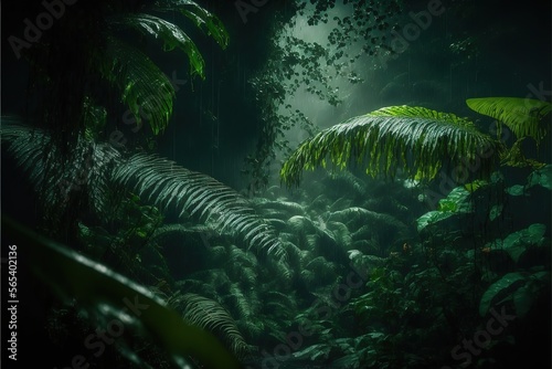 Tropical forest during the rain, large exotic plants in the forest. Green background. AI