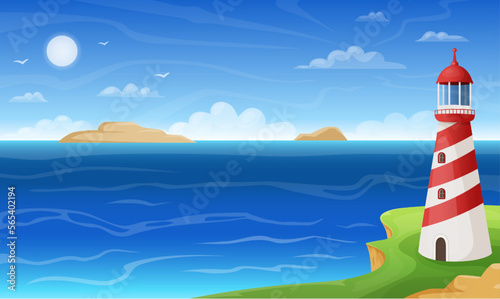 Sea beach. Lighthouse on cliff island. Summer seascape. Ocean scene. Nautical navigation. Marine water waves. Scenic coastline. Nature landscape. Vector illustration tidy background