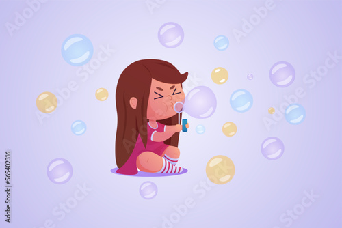Human blow soap bubbles. Doodle air ball. Fly drop. Little girl. Colorful spheres. Water game. Funny child playing. Joyful activity. Childhood happiness. Vector vintage recent illustration