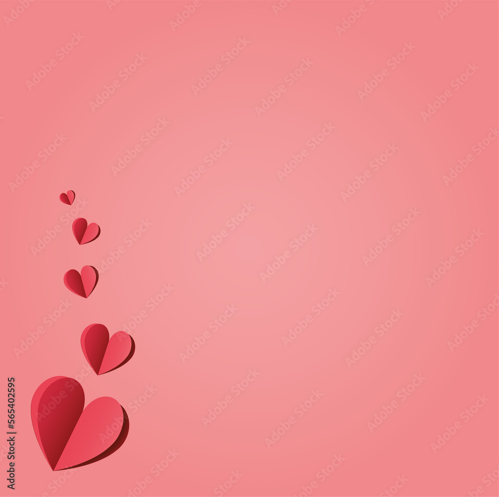Valentine's day rose pink and red gradient paper hearts set. pink background.