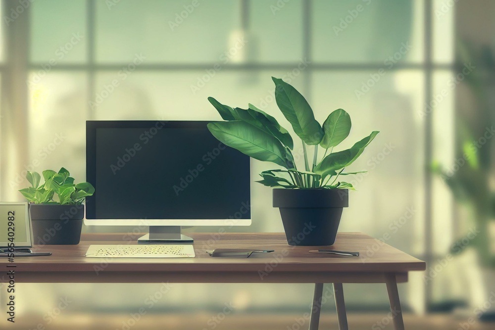 Mockup desktop computer display blank screen on desk in office ...
