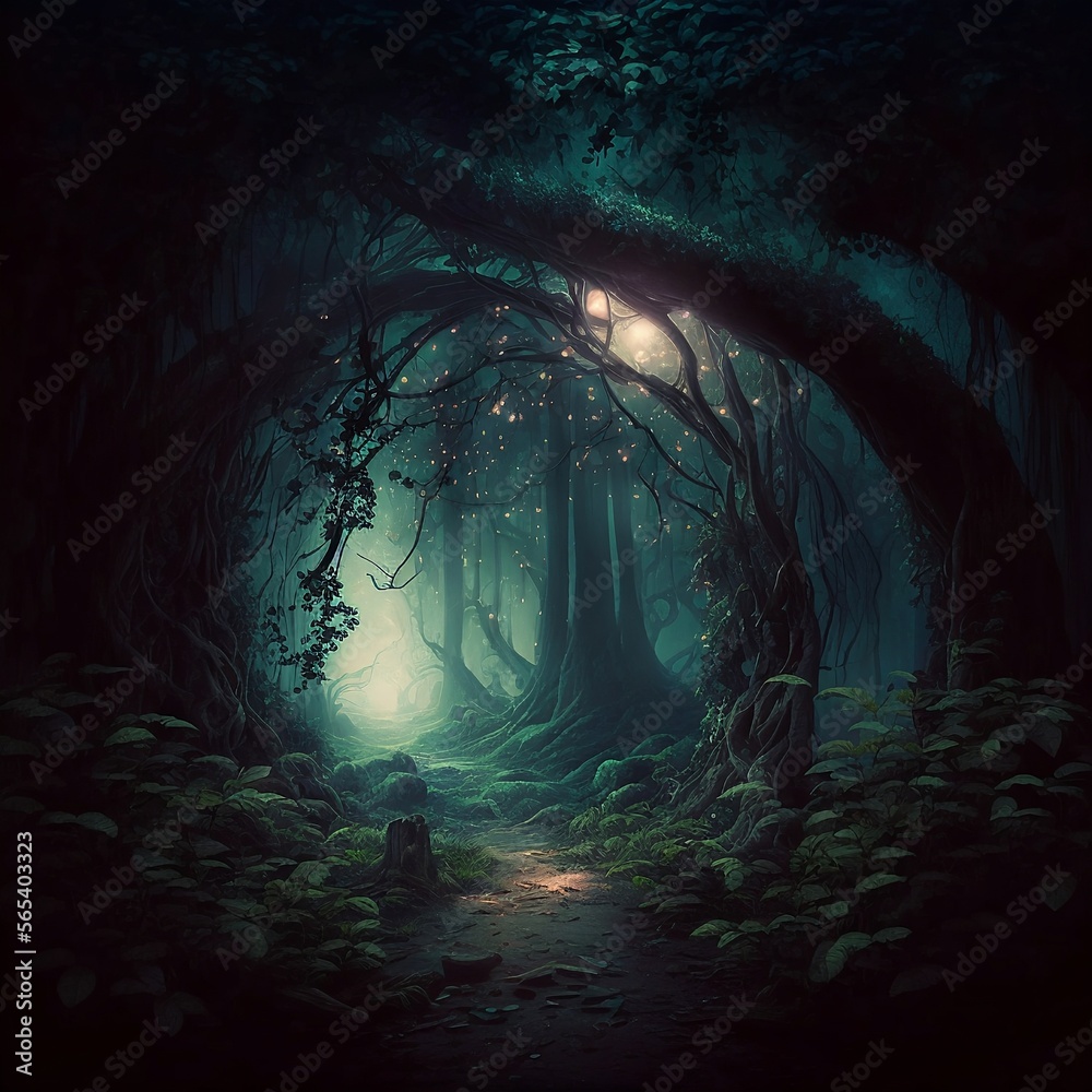 A dark magical forest with tall trees and light shining through - fantasy, magic, AI generated