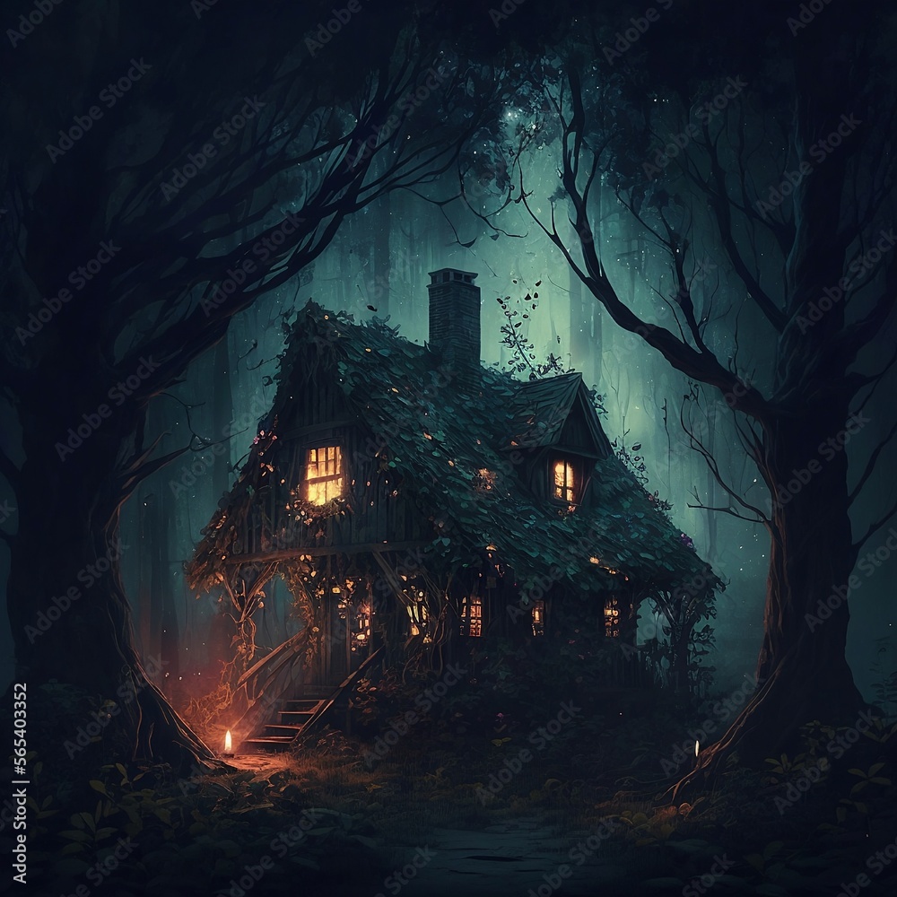 A wooden cottage hut in a dark magical forest with tall trees and light shining through - fantasy, magic, AI generated