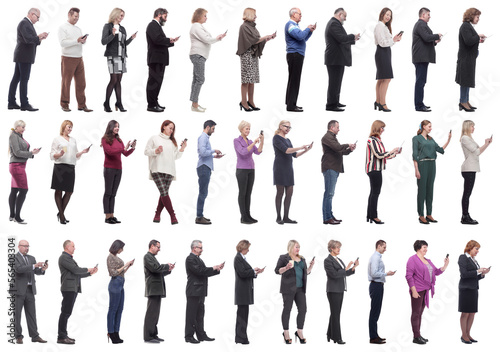 group of people profile holding phone in hand isolated