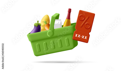 Green grocery shopping basket with food like vegetables and wine with red discount price tag