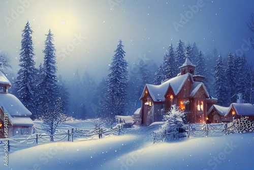 Beautiful winter house and christmas tree on the mountain Generative AI Content by Midjourney © simon