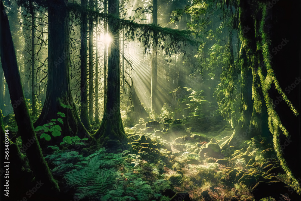 A panoramic view of a dense forest, with sunlight streaming through the trees, Forest, Panoramic, View, Dense, Sunlight, Streaming, Trees, Nature, Landscape, Outdoor, Scenic, Wild, Woodland, 