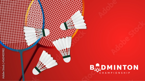 Badminton racket with white badminton shuttlecock on red background , badminton sports wallpaper with copy space  ,  illustration Vector EPS 10